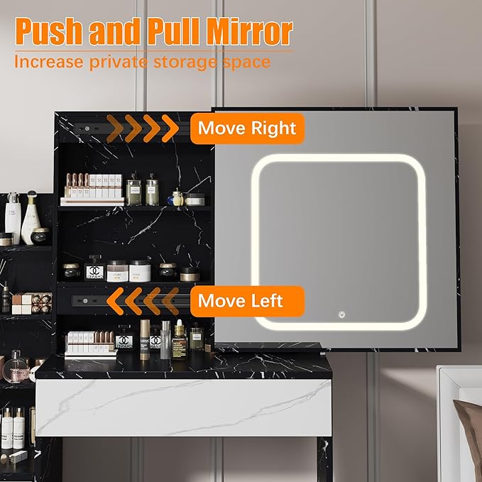 Vanity Desk With Sliding Mirror and LED Light, Makeup Vanity Set With Power Outlet, 3 Color Adjustable Light, Dressing Table With 4 Drawers, Storage Shelve & Stool for Bedroom, Marble-Black & White