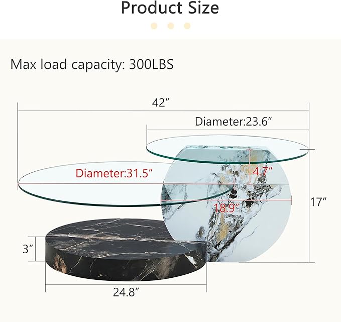 Glass Coffee Table, Modern Round Glass Coffee Table with Wooden Base, 3 Tier Round Coffee Table, Clear Cocktail Table with Storage for Living Room, Office, Balcony, White and Black