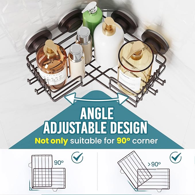 TAILI 2 Pack Powerful Suction Cup Shower Caddy Corner-adaptive, Stainless Steel Rustproof Shower Shelves with Hook, Drill-Free Wall Suction Baskets, Large Capacity Removable Bathroom Organizer, Brown