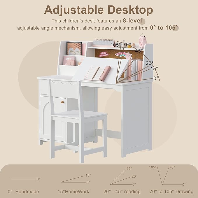 Treocho Kids Study Desk and Chair Set, Kids Desks with Hutch and Tiltable Desktop for 5-12 Years Old, Wooden Children Study Table with Fabric Drawers, Student Writing Desk Bedroom, Home School，White