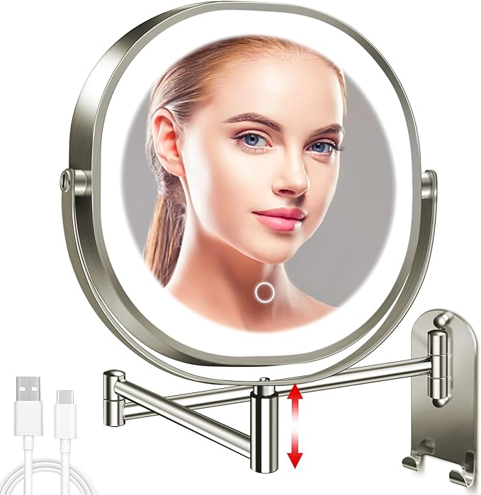 9" Wall Mounted Lighted Makeup Mirror, 3000mAh Rechargeable Double Sided 1X/10X Magnifying Mirror with Hook, 3 Color Lights Dimmable 360° Rotation Vanity Mirror for Bathroom
