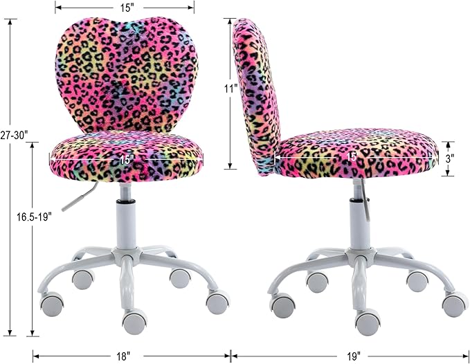 Kmax Kids Reading Chair, Rolling Cute Desk Chair for Girls Swivel Office Chair with Wheels & Heart Back Adjustable Childrens Vanity Chair for Bedroom Reading Room - Faux Fur, Leopard