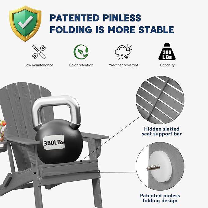 Plawdlik Folding Adirondack Chair, SGS Tested, Wooden Textured with Cup Holder, Heavy All-Weather HDPE Comfortable Set Poolside Backyard Lawn Grey Set 4