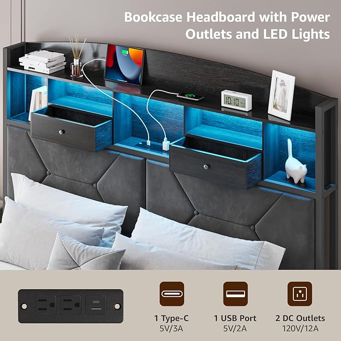 Queen Size Black Bed Frame with 4 Storage, Upholstered Velvet Platform Bed Frames with Button Tufted Headboard Led Lights, Wooden Slats Support, No Box Spring Needed, Black