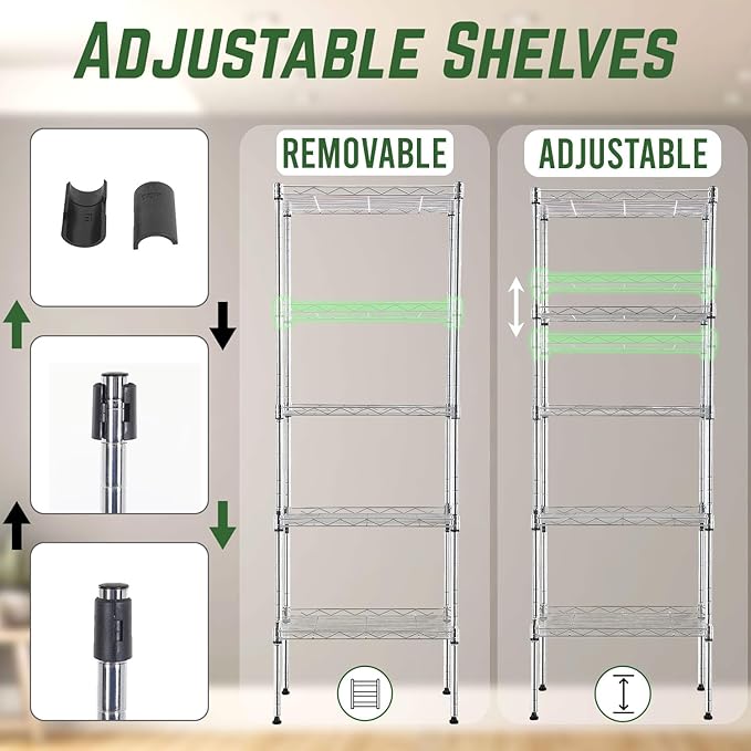 PayLessHere 5-Tier Adjustable Wire Shelf 12" W x 17" D x 48" H Max Load 750 lbs, Easy Assembly, Versatile Storage Solution, Durable and Stable for Home and Office,Chrome