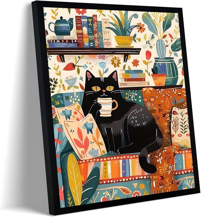 Framed Vintage Cat Canvas Wall Art, Funny Pink Animal Reading Books Painting Picture Print, Cute Kitten Lovers Aesthetic Wall Decor for Nursery Girls Room Bedroom Kids Room 10''L x 8''W