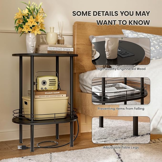 Small Round Side Table with Charging Station,Bedside Table with 2 USB Ports and Outlets, Morden Round Nightstand, Samll Side Table for Living Room,Bedroom, Nursery, Laundry, Black