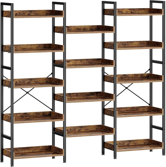 Rolanstar Bookshelf 5 Tiers, Triple Bookcase with Open Display Shelves, Industrial Wide Bookshelf with Metal Frame for Living Room, Office, Rustic Brown