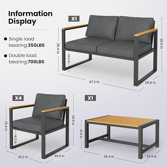 Pamapic 6 Pieces Outdoor Patio Furniture Set, Modern Metal Balcony Furniture with Plastic-Wood Coffee Table, All-Weather Patio Conversation Set with Thick Cushion for Balcony, Porch, Gray