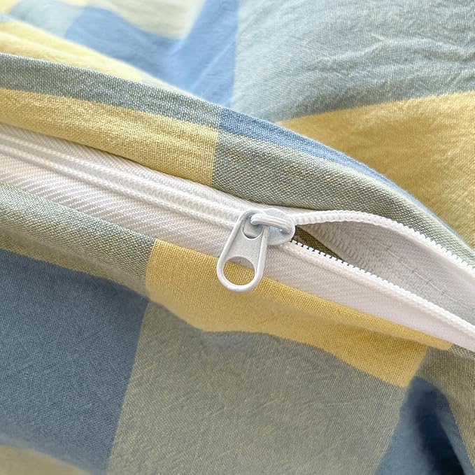 FACE TWO FACE Bedding Duvet Cover Set100% Washed Cotton Duvet Cover Linen Like Textured Breathable Durable Soft Comfy (Twin, Blue Yellow Grid)