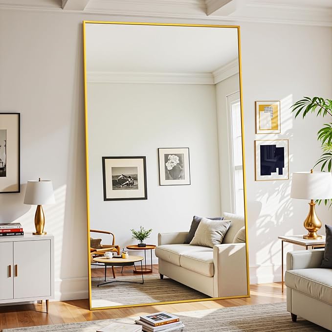Full Length Mirror, 86"x46" Oversized Floor Mirror Freestanding, Full Body Mirror Floor Standing Mirrors with Stand, Hanging Mounted Mirrors for Bedroom Living Room, Gold, Rect Style