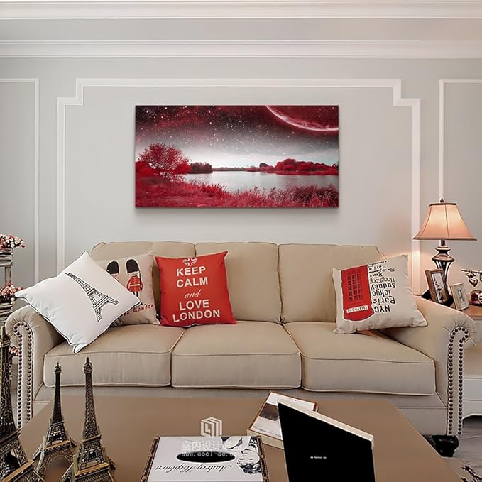 Print Artwork Wall Art Decor Poster for living room Red tree moon starry sky red landscape painting bathroom Wall Art for bedroom Canvas Prints Picture Works Ready to Hang Office Home decorations