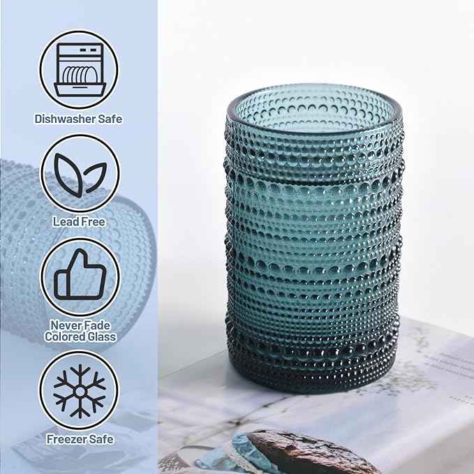 Hobnail Drinking Glasses Set of 6, Vintage Colored Glassware 14.5oz, Tall Beverage Glass Cups for Water, Juice, Cocktail (Blue)