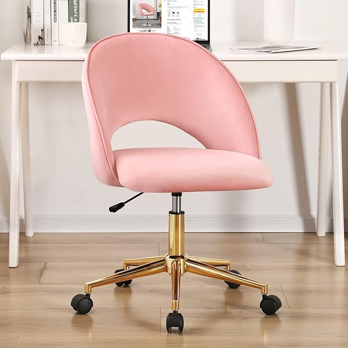 Furnimart Pink Armless Desk Chair, Swivel Velvet Vanity Chair with Gold Legs, Cute Task Chair with Wheels for Girls Living Room Bedroom Studying Small Splaces (Pink)