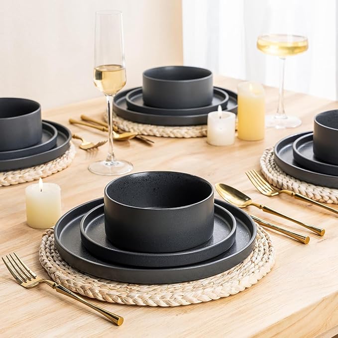 GBhome Ceramic Dinnerware Sets for 6, Matte Stoneware Plates and Bowls Sets,Chip and Scratch Resistant Dishes, Dishwasher & Microwave Safe, Oven safe,Reactive Glaze-Speckled Black