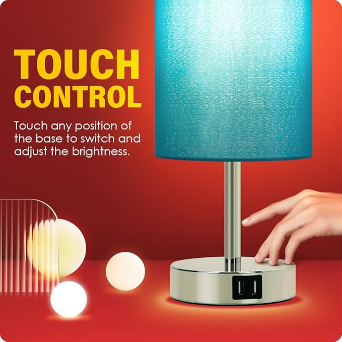 Yarra-Decor Blue Fabric Shade Touch Control Table Lamp with USB Ports, 3 Way Dimmable Nightstand Lamp for Bedroom, Living Room, Kids Room, College Dorm, Office