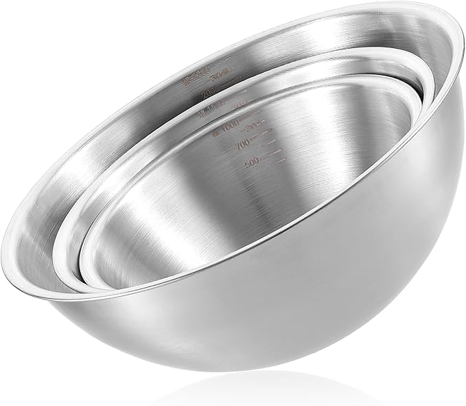Stainless Steel Mixing Bowls 3 Packs Nesting Baking Supplies Small Thicker Stainless Steel Flat Bottom Stackable Salad Bowl Mixing Bowls Set for Cooking, Baking, Salad,Serving(1000/1500/2000ml)