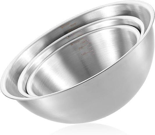 Stainless Steel Mixing Bowls 3 Packs Nesting Baking Supplies Small Thicker Stainless Steel Flat Bottom Stackable Salad Bowl Mixing Bowls Set for Cooking, Baking, Salad,Serving(1000/1500/2000ml)