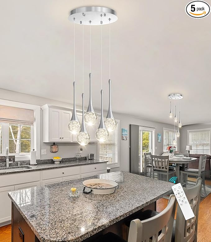 cenzoz 5-Lights Modern Pendant Lights for Kitchen Island LED Dimmable Chandelier Crystal Glam Ceiling Pendant Lighting for Dining Room Hallway Bedroom Lamp Brushed Nickel