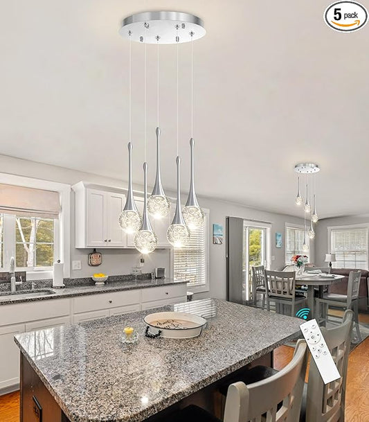 cenzoz 5-Lights Modern Pendant Lights for Kitchen Island LED Dimmable Chandelier Crystal Glam Ceiling Pendant Lighting for Dining Room Hallway Bedroom Lamp Brushed Nickel