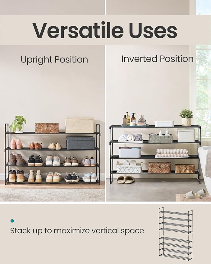 SONGMICS Shoe Rack, 4-Tier Shoe Organizer, Metal Storage Shelf, Upright or Upside Down, for 25-30 Pairs, Stackable, for Entryway, 11.8 x 46.1 x 29.5 Inches, Black ULSA034B01