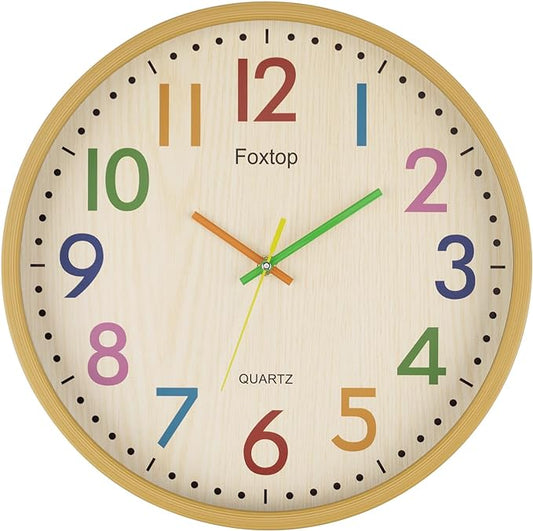 Foxtop 14 Inch Kids Wall Clock Silent Non-Ticking Battery Operated Colorful Childrens Wall Clock for Classroom Playroom Nursery Bedrooms Kids Room School