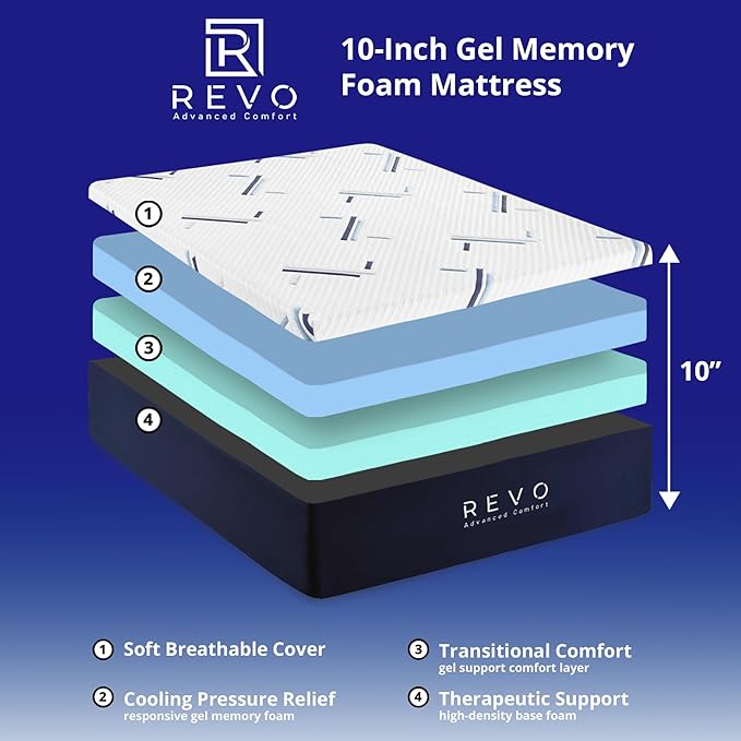REVO Sleep Gel Memory Foam Mattress, 10-Inch California King – Cooling Gel Foam Mattress with Supportive Pressure Relief and Breathable Comfort – Deep, Restorative Sleep