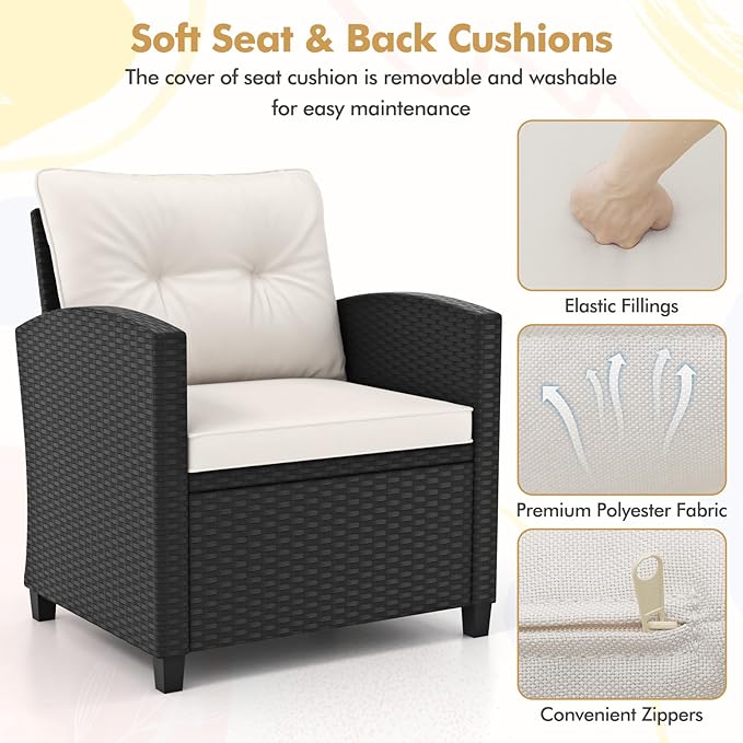 RELAX4LIFE 3-Piece Patio Furniture - Wicker Rattan Bistro Sofa Set w/Glass Top Coffee Table, Washable Cushions for Porch Balcony Backyard Poolside, Outdoor Conversation Set (Off White)