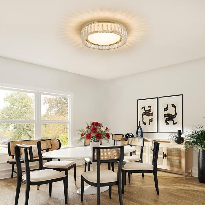 15 Inch Dimmable LED Crystal Flush Mount Ceiling Light,Modern Gold 36W 5CCT 3000K-6000K Chandelier Large Round Lighting Fixtures for Bedroom,Living Room,Laundry Room,Dining Room