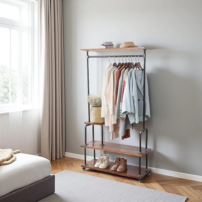 Industrial Clothing Rack, Pipe Style Rolling Garment Rack, Heavy Duty Steampunk Clothes Rack, Hall Tree on Wheels with Shelf and Shoes Storage for Home, Retail Store, Rustic Wood