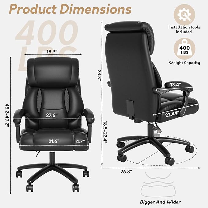 Reclining Office Chair,Recling 90-155°,Ergonomic Office Chair with Lumbar Suppot,Big and Tall Leather Desk Chair,High Back Executive Chair(Black)