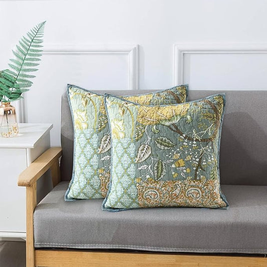 NEWLAKE Green Bohemian Floral Style Cotton Throw Pillow Covers (2 Pieces, 18X18 Inch)