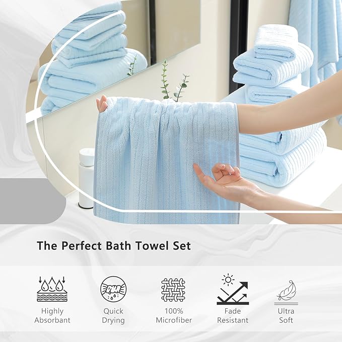 18 Piece Bath Towels Set,Super Soft Family Bathroom Towel Set with Hanging Loops-6 Bath Towels,6 Hand Towels,6 Washcloths,Highly Absorbent Quick Dry Shower Towel for Bathroom,Hotel,Spa-Blue Towel Set