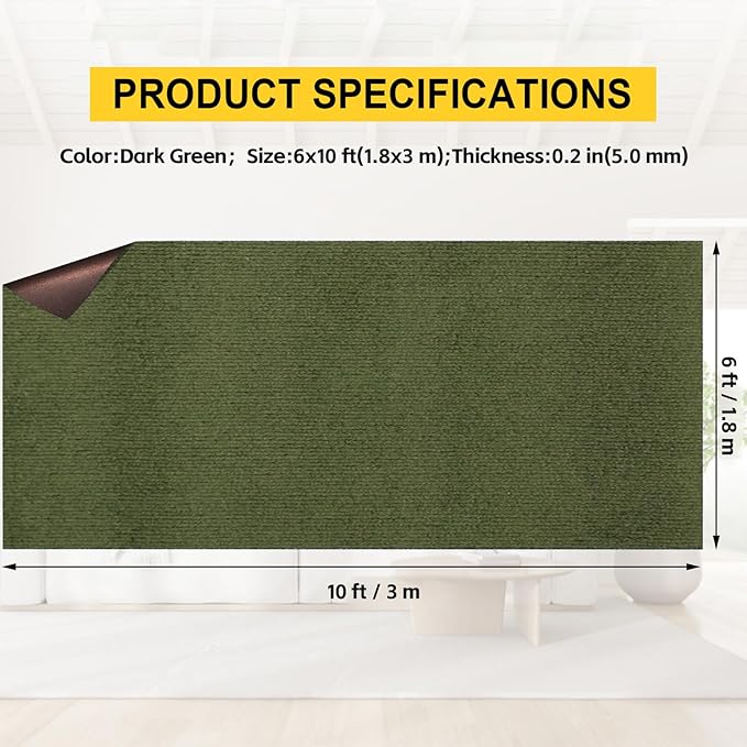 Marine Carpet,6 FT x 10 FT Olive Green Indoor Outdoor Carpet 0.2" Thick with Water-Proof TPE Backing, Non-Slide for Home, Patio, Porch, Deck