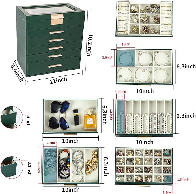BOOVO Jewelry Box for Women, Green 6 Layer Large Jewelry Organizer with Glass Lid for Necklace, Bracelet, Earrings Storage, Jewelry Organizers and Storage for Girls Gift (Green and Gold, 6 layer)