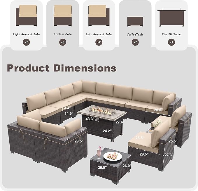 Kurapika 15 Pieces Patio Furniture Set, Rattan Wicker Outdoor Conversation Sets w/43in Propane Fire Pit Table and 4 Inch Cushion(Sand)