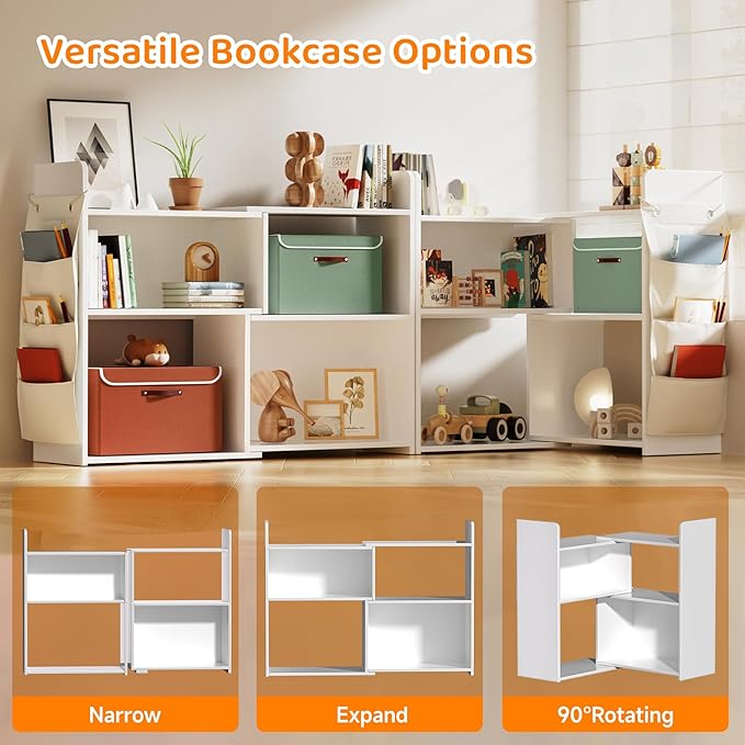 4 Cube Storage Organizer, 32inch Wooden Extendable Book Shelf DIY Bookcase with 2 pcs Storage Cabinet and Side Pockets, Open Storage Cabinet for Living Room, Bedroom, Home, Office