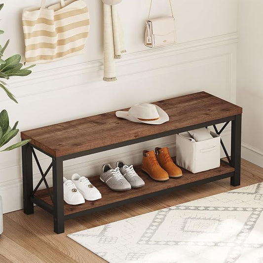 BON AUGURE 2 Tier Shoe Bench with Storage, Wood Metal Entryway Bench, Industrial Shoe Rack Benches for Entrance, Hallway, Mudroom, Bedroom, Indoor (Rustic Oak)