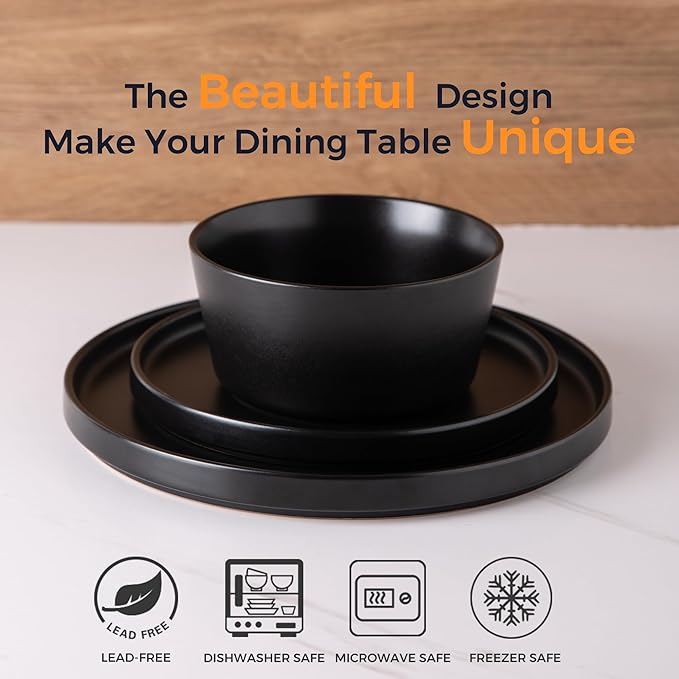 AmorArc Ceramic Dinnerware Sets for 6, Modern Flat Stoneware Plates and Bowls Sets,Chip and Crack Resistant | Dishwasher & Microwave Safe Dishes Set,Scratch Resistant- Service for 6 (18pc)