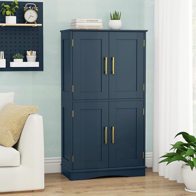 Tangkula Bathroom Floor Storage Cabinet, 43.5" H Freestanding Pantry Cabinet with 4 Doors and 2 Adjustable Shelves, Kitchen Cupboard for Living Room, Dining Room, Bathroom (Navy Blue, 43.5" H)