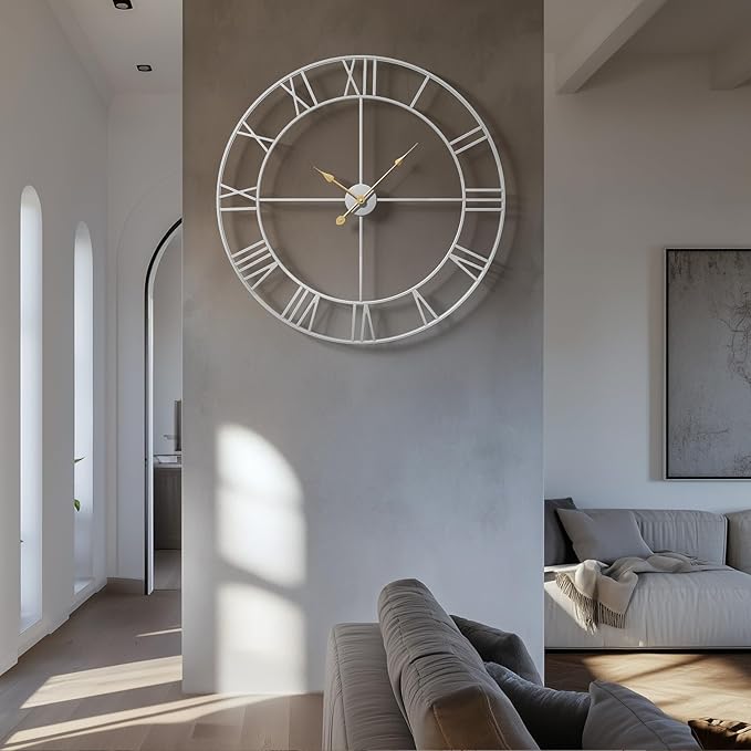 36 Inch Extra Large Wall Clock, Modern Silver Decorative Metal Wall Clocks for Living Room, Completely Silent Non Ticking Battery-Operated Roman Numeral Analog Round Clock