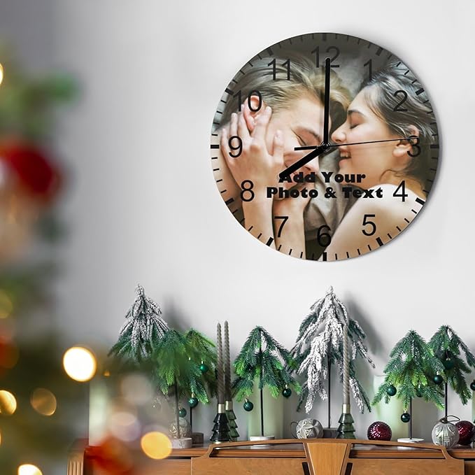 Customized Clocks with Photo for Wall, Custom Photo Wall Clocks with Text for Living Room Bedroom, Personalized 11.6" MDF Round Silent Clocks