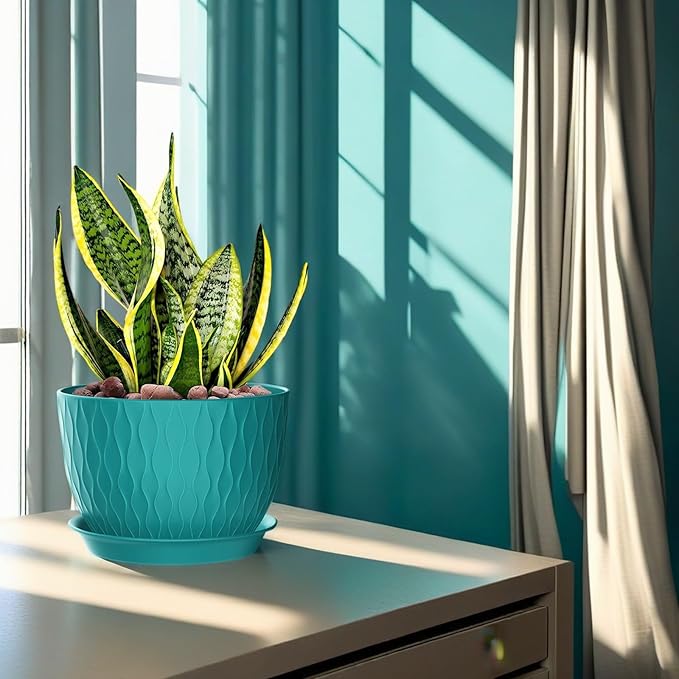 12/10/9 Inch Plant Pots, 3 Pack Large Flower Pots for Indoor and Outdoor Plants with Water Ripples, Large Plastic Flower Pots with Drainage Holes and Tray for Garden Indoor Plants