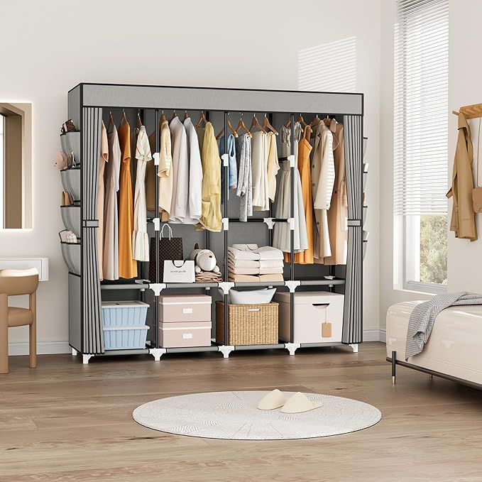 Portable Closet for Hanging Clothes, 67 Inch Wide Portable Wardrobe Closet with Cover, 4 Hanging Rod, Storage Shelves and Side Pockets, Large Free Standing Closet for Bedroom, Grey