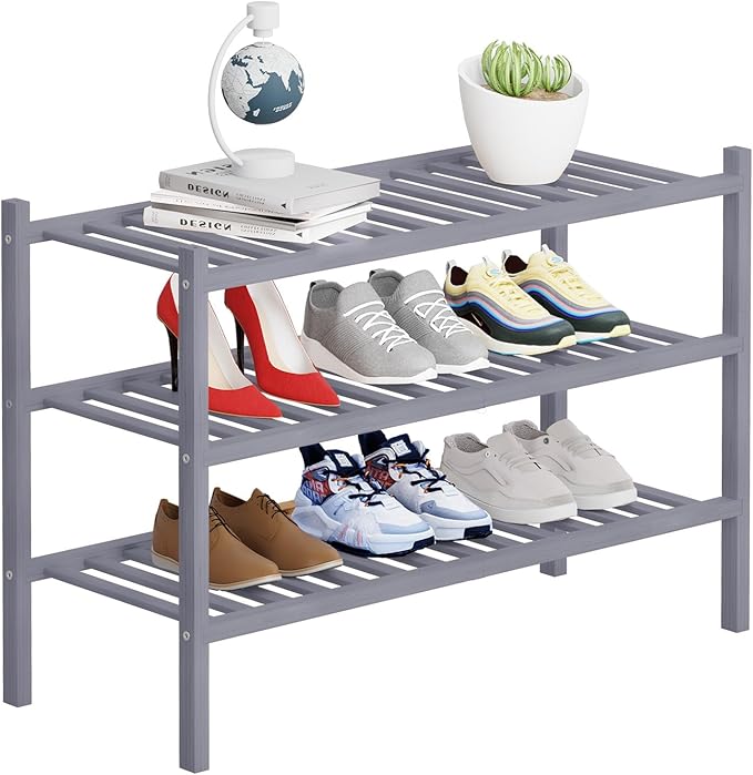 3 Tier Bamboo Shoe Rack Storage Organizer for Closet, Multifunctional Stackable Free Standing Shoe Shelf Organizer for Small Space,Entryway, Hallway, Bathroom27 x11 x20 (Grey, 3 Tier)