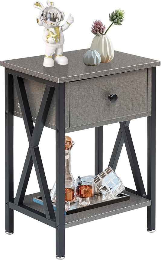VECELO Nightstand,Modern Bedside End Table, Night Stand with Drawer and Storage Shelf for Living Room Bedroom, Industrial Metal Frame