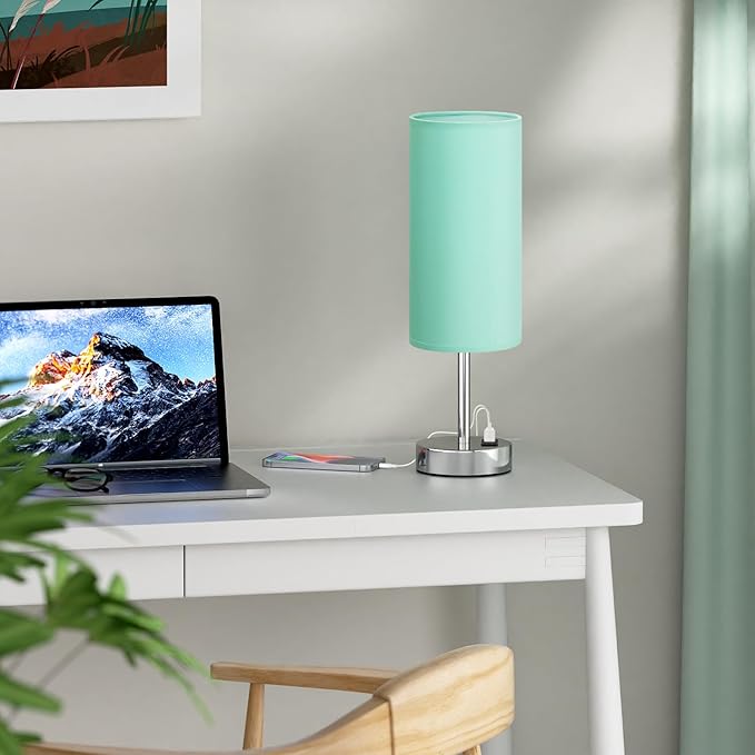 Teal Touch Bedside Lamps for Bedroom - Small Coastal Nightstand Lamp with USB-C and USB A Charging Ports, 3 Way Dimmable Control Table Lamp for Office, Dorm with Fabric Shade Silver Base