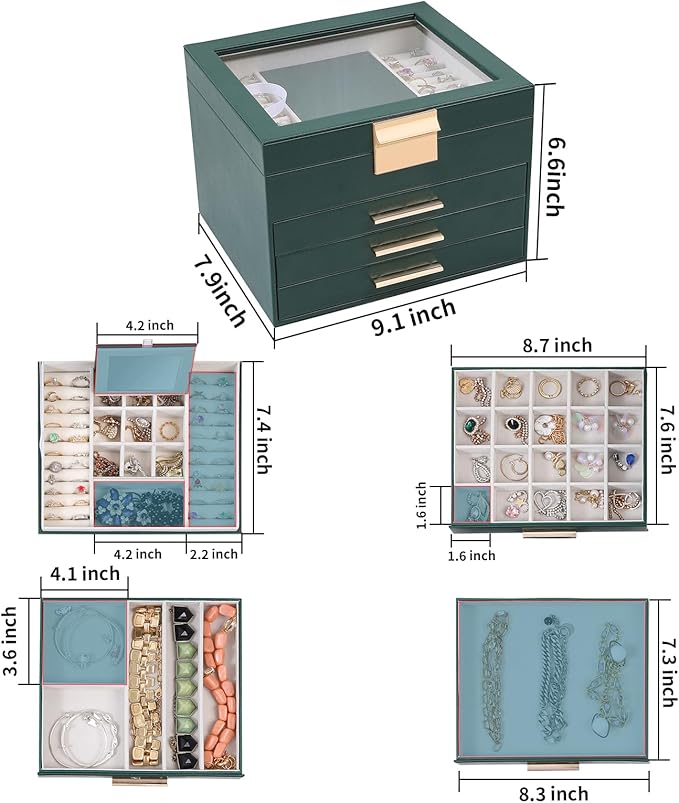 BOOVO Clear Lid Jewelry Box,4 Layers Jewelry Organizer Large Jewelry Storage Box with 3 Drawers,Jewelry Holder Organzier of Rings Earrings Necklace Bracelets for Women (Dark Green, 4 Layer)