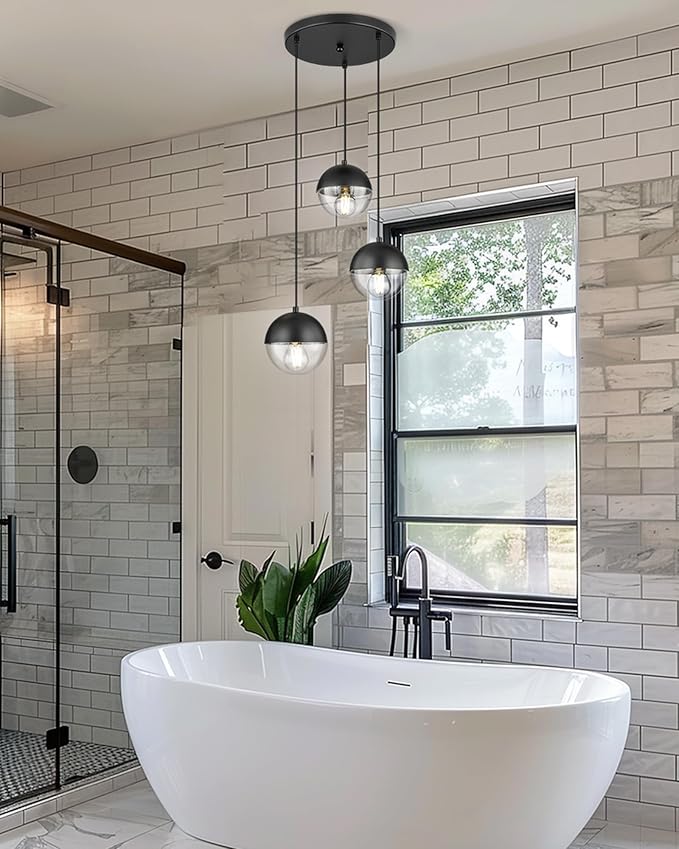 LMS Modern 3-Light Cluster Pendant Lights, Matte Black Kitchen Island Light Fixtures with Clear Globe Glass Shade, Adjustable Hanging Light for Bathroom Bedroom Dining Room Living Room, LMS-186BKC3