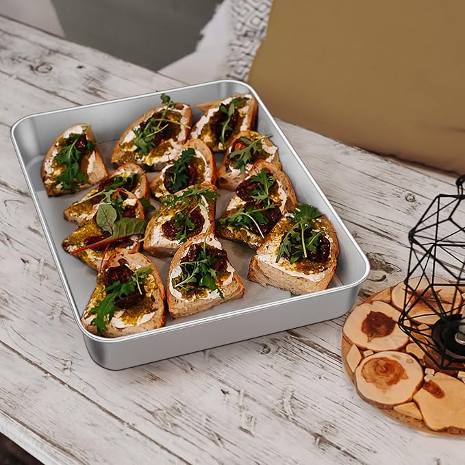 Leonyo Rectangular Cake Pan for Baking, 10.5 x 8 x 2 Inch Stainless Steel Baking Sheet Tray, Deep Lasagna Pan for Toaster Oven, Focaccia, Fish, Chicken, Casserole Dish